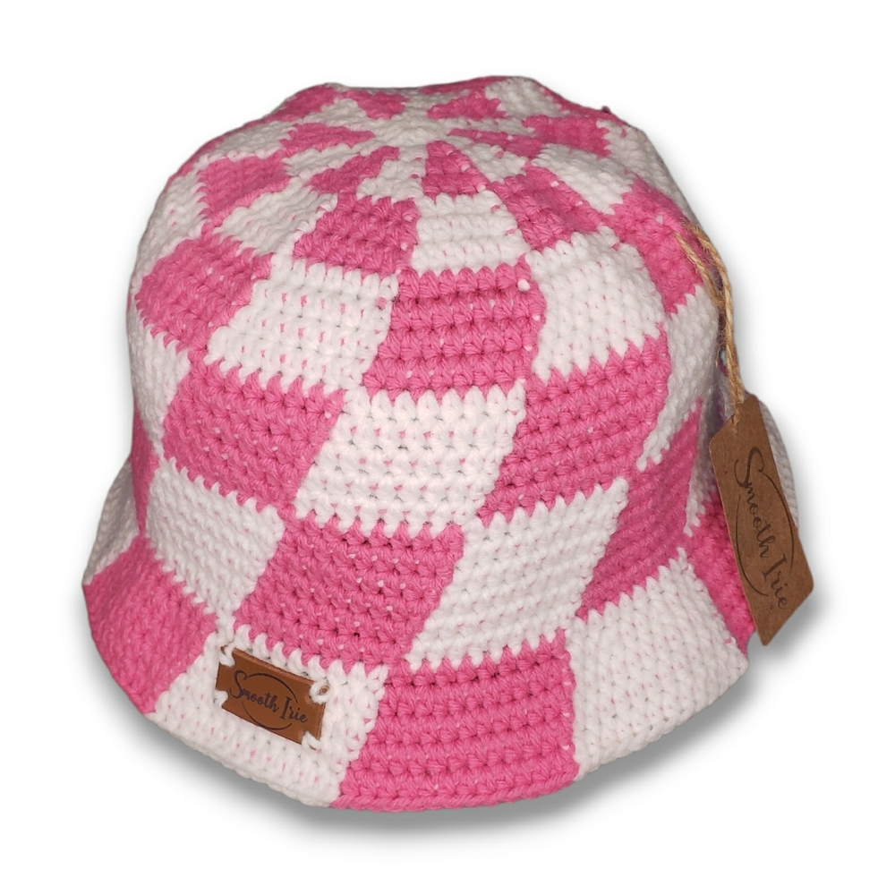 Checkered Crochet Bucket Hat Smooth Irie White & Pink Beach Barbie Sun Shade NWT